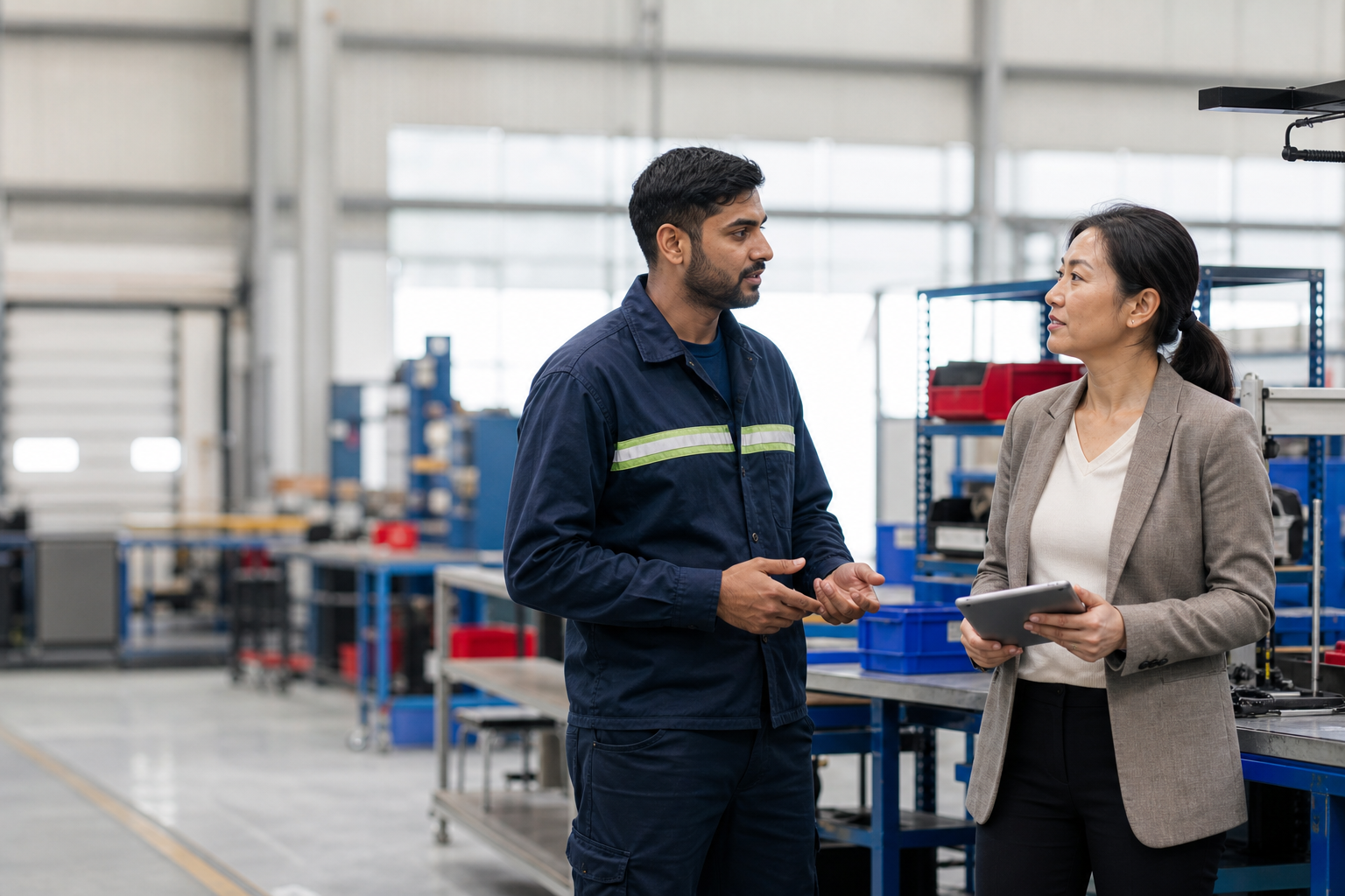 A manufacturing worker speaking with an employment recruiter